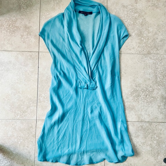 Sheer Silk Turquoise V-Neck Blouse, Women’s Size M - Picture 5 of 12